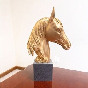 Gold Horse Head Sculpture on Black granite Base